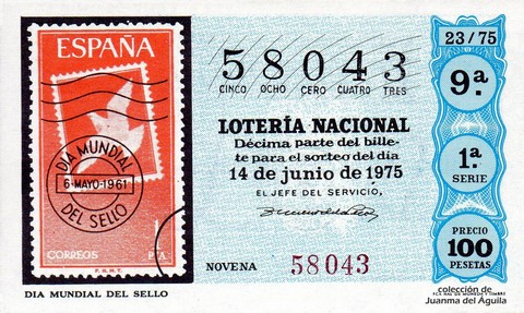 Décimo de Lotería Nacional de 1975 Sorteo 23 - DIA MUNDIAL DEL SELLO