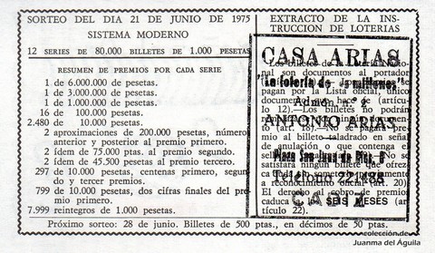 Reverso del décimo de Lotería Nacional de 1975 Sorteo 24