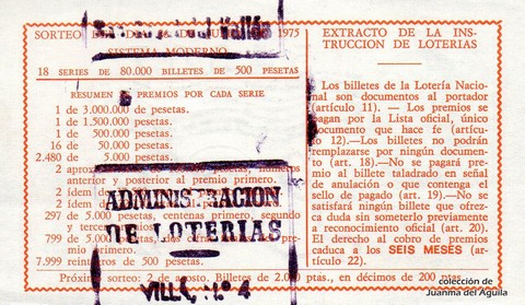 Reverso del décimo de Lotería Nacional de 1975 Sorteo 29