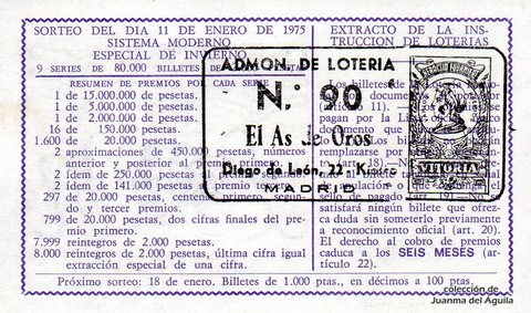 Reverso del décimo de Lotería Nacional de 1975 Sorteo 2