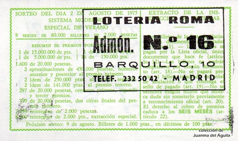 Reverso del décimo de Lotería Nacional de 1975 Sorteo 30