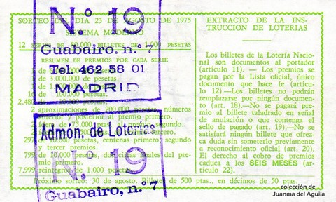 Reverso del décimo de Lotería Nacional de 1975 Sorteo 33