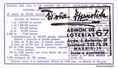 Reverso del décimo de Lotería Nacional de 1975 Sorteo 34