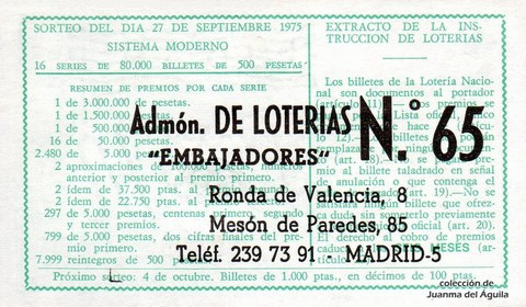 Reverso del décimo de Lotería Nacional de 1975 Sorteo 38