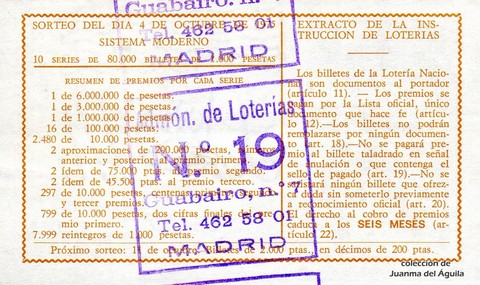 Reverso del décimo de Lotería Nacional de 1975 Sorteo 39