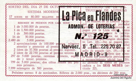 Reverso del décimo de Lotería Nacional de 1975 Sorteo 42