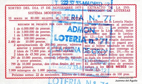 Reverso del décimo de Lotería Nacional de 1975 Sorteo 44