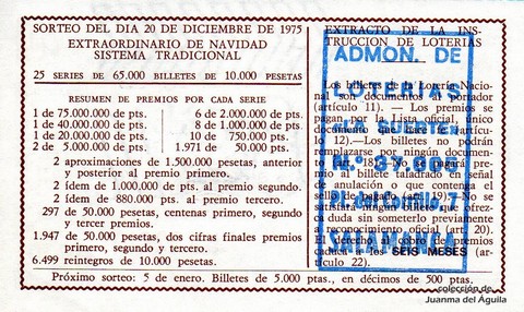Reverso del décimo de Lotería Nacional de 1975 Sorteo 49