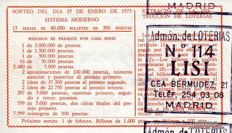 Reverso del décimo de Lotería Nacional de 1975 Sorteo 4