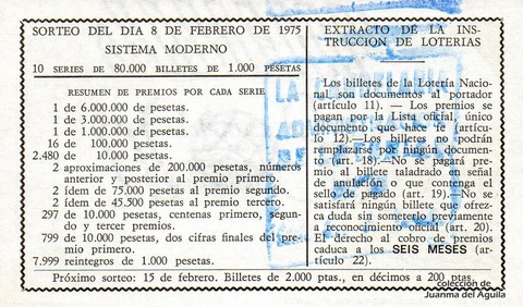 Reverso del décimo de Lotería Nacional de 1975 Sorteo 6