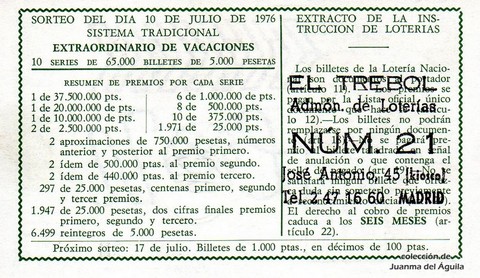 Reverso décimo de Lotería 1976 / 26