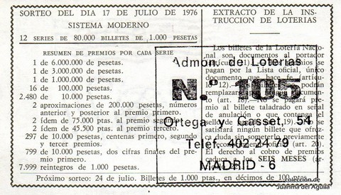 Reverso décimo de Lotería 1976 / 27