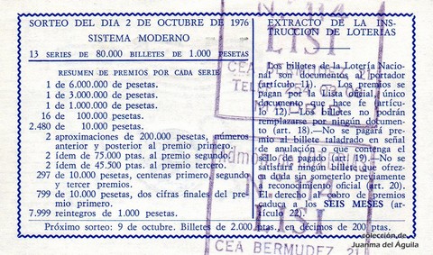 Reverso décimo de Lotería 1976 / 38