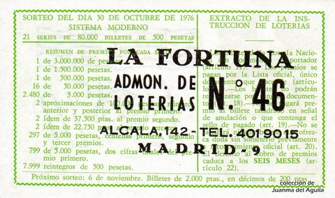 Reverso décimo de Lotería 1976 / 42
