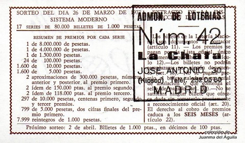 Reverso del décimo de Lotería Nacional de 1977 Sorteo 12
