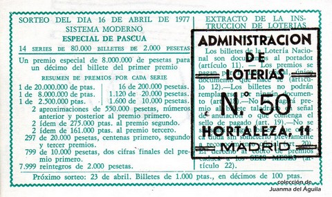 Reverso del décimo de Lotería Nacional de 1977 Sorteo 14