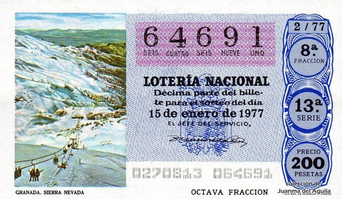 Décimo de Lotería Nacional de 1977 Sorteo 2 - GRANADA. SIERRA NEVADA