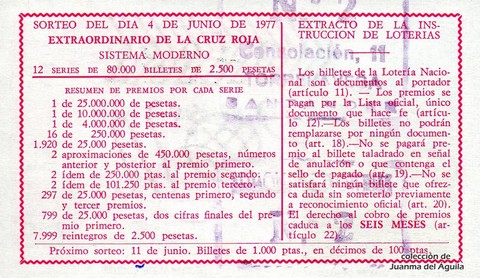 Reverso del décimo de Lotería Nacional de 1977 Sorteo 21