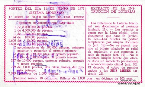 Reverso del décimo de Lotería Nacional de 1977 Sorteo 22