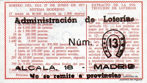 Reverso del décimo de Lotería Nacional de 1977 Sorteo 24