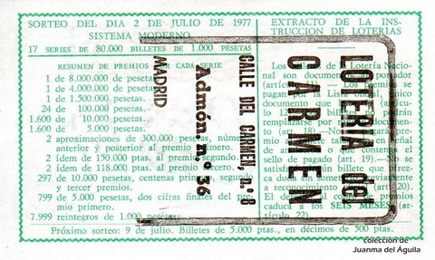 Reverso del décimo de Lotería Nacional de 1977 Sorteo 25