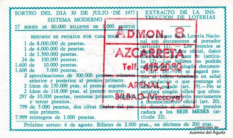 Reverso del décimo de Lotería Nacional de 1977 Sorteo 29