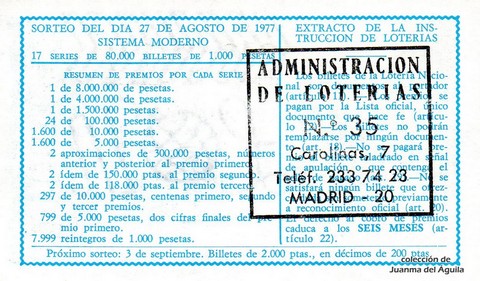 Reverso del décimo de Lotería Nacional de 1977 Sorteo 33