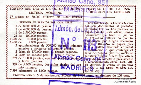 Reverso del décimo de Lotería Nacional de 1977 Sorteo 42