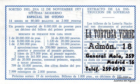 Reverso del décimo de Lotería Nacional de 1977 Sorteo 44