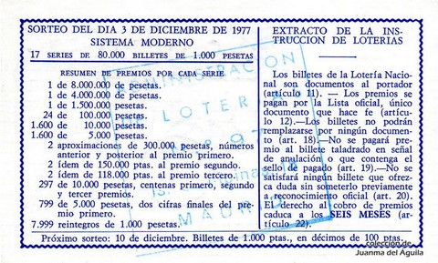 Reverso del décimo de Lotería Nacional de 1977 Sorteo 47