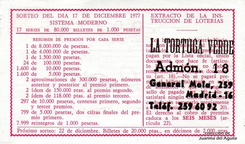 Reverso del décimo de Lotería Nacional de 1977 Sorteo 49