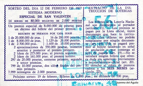 Reverso del décimo de Lotería Nacional de 1977 Sorteo 6