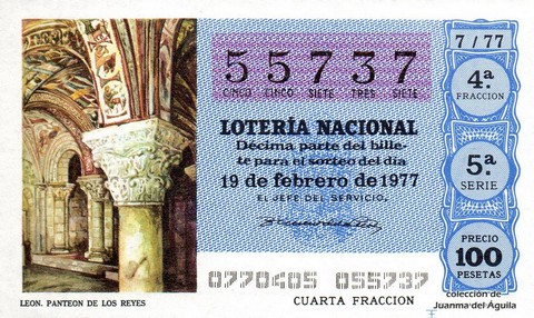 Décimo de Lotería Nacional de 1977 Sorteo 7 - LEON. PANTEON DE LOS REYES