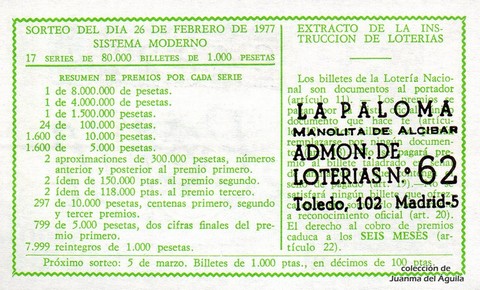 Reverso del décimo de Lotería Nacional de 1977 Sorteo 8
