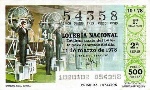 Décimo de Lotería Nacional de 1978 Sorteo 10 - BOMBOS PARA SORTEO