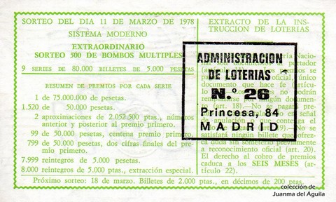 Reverso del décimo de Lotería Nacional de 1978 Sorteo 10