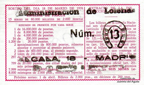 Reverso del décimo de Lotería Nacional de 1978 Sorteo 11