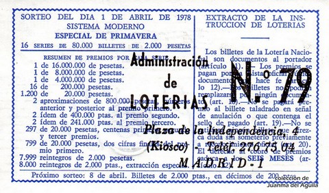 Reverso del décimo de Lotería Nacional de 1978 Sorteo 12