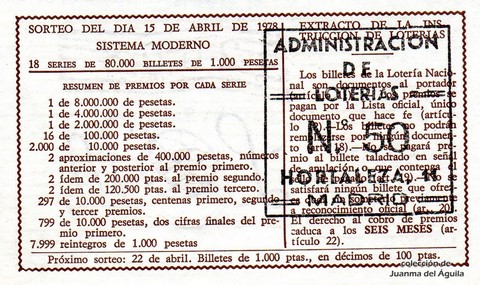 Reverso del décimo de Lotería Nacional de 1978 Sorteo 14