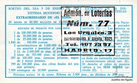 Reverso del décimo de Lotería Nacional de 1978 Sorteo 1