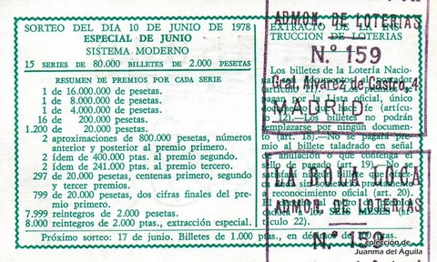 Reverso del décimo de Lotería Nacional de 1978 Sorteo 22