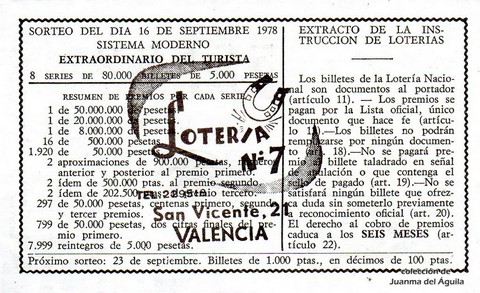 Reverso del décimo de Lotería Nacional de 1978 Sorteo 36