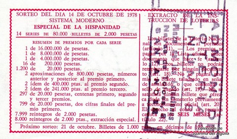 Reverso del décimo de Lotería Nacional de 1978 Sorteo 40