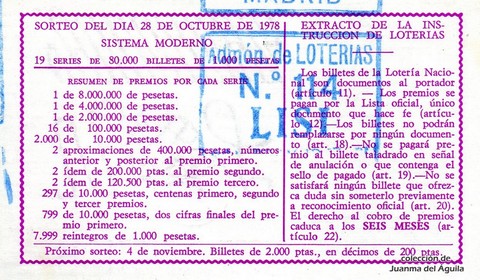 Reverso del décimo de Lotería Nacional de 1978 Sorteo 42