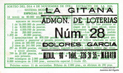 Reverso del décimo de Lotería Nacional de 1978 Sorteo 43