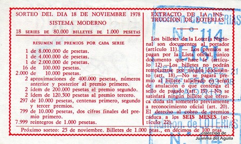 Reverso del décimo de Lotería Nacional de 1978 Sorteo 45