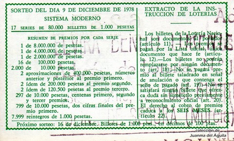 Reverso del décimo de Lotería Nacional de 1978 Sorteo 48