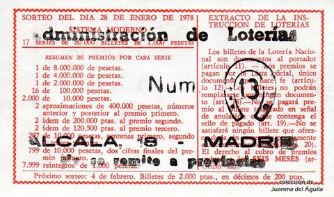 Reverso del décimo de Lotería Nacional de 1978 Sorteo 4