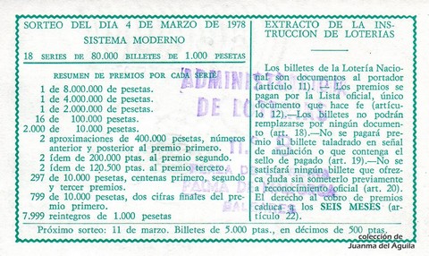 Reverso del décimo de Lotería Nacional de 1978 Sorteo 9