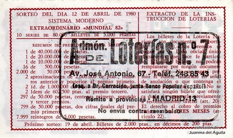 Reverso décimo de Lotería 1980 / 14